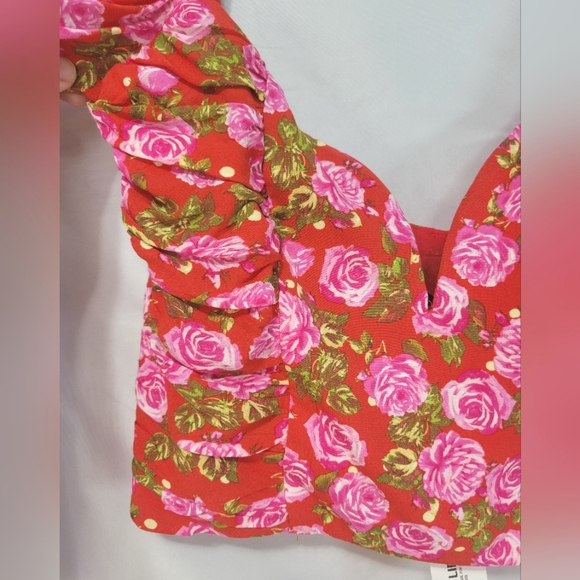 Zara Rose Print Red Crop Corset Sweatheart Cottagecore Whimsical Romantic Top - Picture 4 of 12